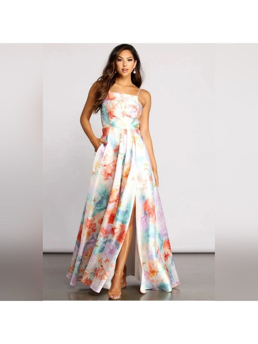 Windsor | Crystal Doll | Cami Formal Floral Satin A-Line Dress | Size 0